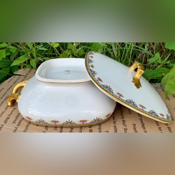 Vintage Limoges France Vignaud Square Gold Trim Lidded Vegetable Serving Bowl - Picture 9 of 16